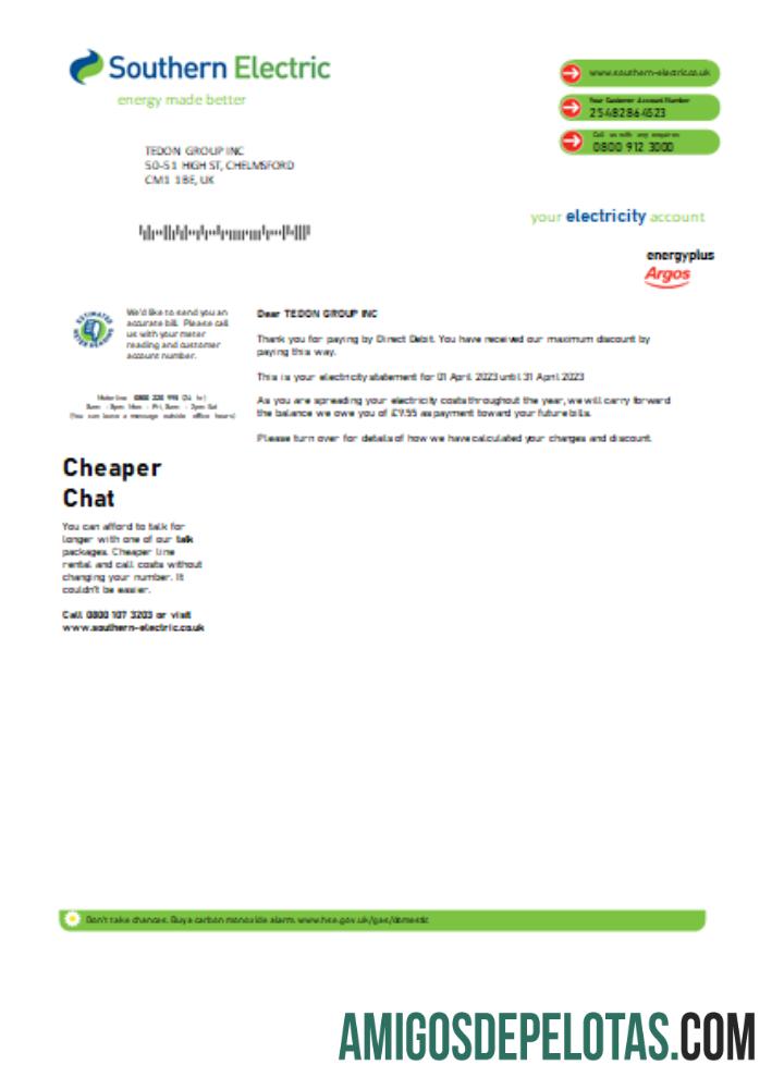 Projeto de lei comercial de comprovante de endereço da Southern Electric, SCR modelo